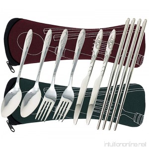 8 Pieces Flatware Sets Knife Fork Spoon Chopsticks FIBOUND 2 Pack Rustproof Stainless Steel Tableware Dinnerware with Carrying Case (Red Brown Dark Green) - B06XYL7ZN6
